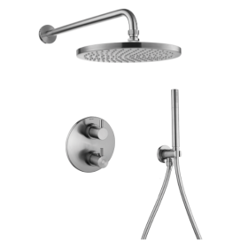 Flova Levo thermostatic 2-outlet shower valve with fixed head and handshower kit – Round – Brushed Nickel
