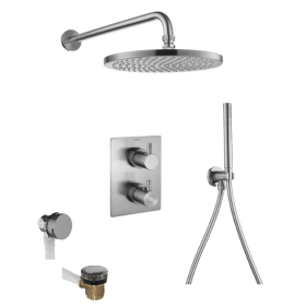 Flova Levo thermostatic 3-outlet shower valve with fixed head, handshower kit and bath overflow filler 