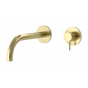 Just Taps Vos 250mm Brushed Brass Wall Mounted Basin Mixer with Designer Knurled Handle