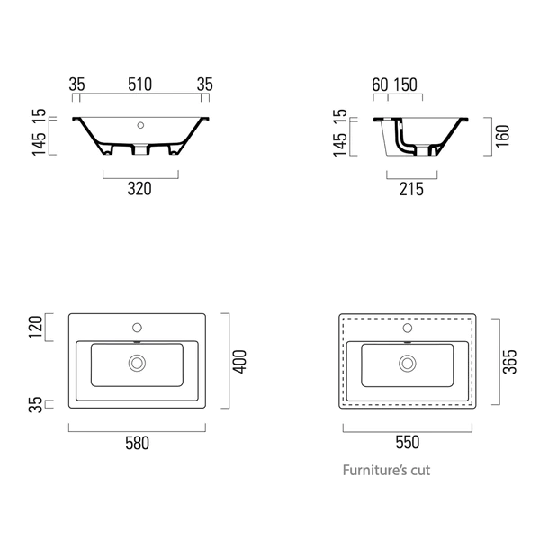 GSI Kube X 58 x 40 BuiltIn Countertop Washbasin