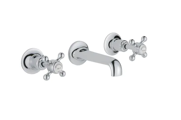 Just Taps Grosvenor Cross 3 Hole Wall Mounted Basin Mixer - Brass With Nickel Finishing