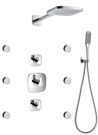 Flova Urban thermostatic mixer valve with 4-outlet control, 2-function rainshower, handshower kit and body jets