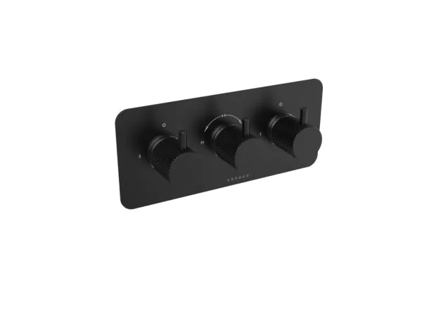 Saneux COS 2 way thermostatic low pressure shower valve kit in landscape with knurled handles – Matte Black