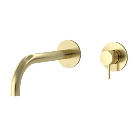 Just Taps Vos Brushed Brass Wall Mounted Basin Mixer with Designer Knurled Handle – 150mm
